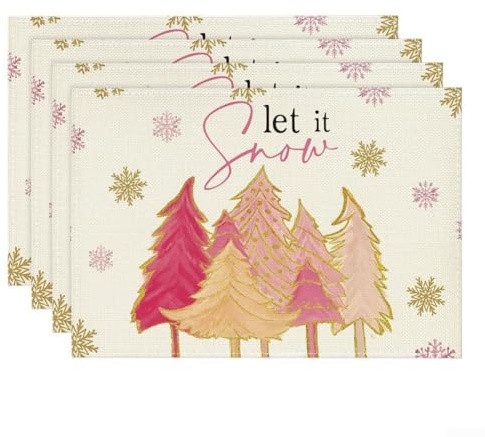 4pcs Dining Placemats Set with Xmas Tree and Snowflake Winter Themes for Table Protection and Seasonal