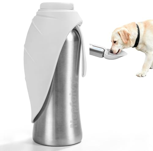 Nepfaivy Trinkflasche Hunde für Unterwegs Edelstahl 800ml, Weiß | Hundetrinkflasche Auslaufsicher für Unterwegs mit Drucktaste, Tragbare Wasserflasche für Hunde zum Reisen, Wandern und Campen