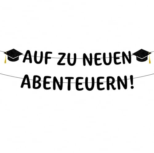 Auf zu neuen Abenteuern! Graduation Deko Glitzer Schwarz mit Absolventenhut Motiven,2026 ABI Deko für Abschlussfeiern, Prüfung & Feierlichkeiten (Schwarz)