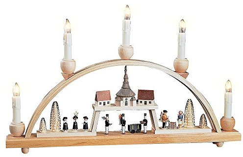 Richard Glässer Seiffen Schwibbogen Seiffener Dorf, Länge 48 cm, natur, komplett elektrisch beleuchtet, original Erzgebirge