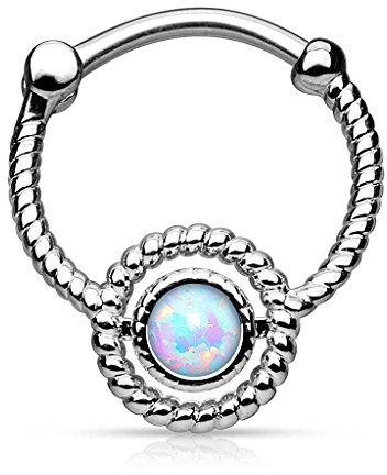 Piercingfaktor Universal Piercing Septum auch für Tragus Helix Ohr Nase Lippe Brust Intim - Schild Clicker Ring mit Opal Stein