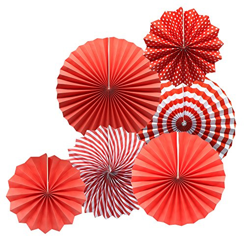Party Hanging Paper Fans Set, Red Round Pattern Paper Girlanden Decoration for Birthday Wedding Graduation Events Accessories, Set of 6