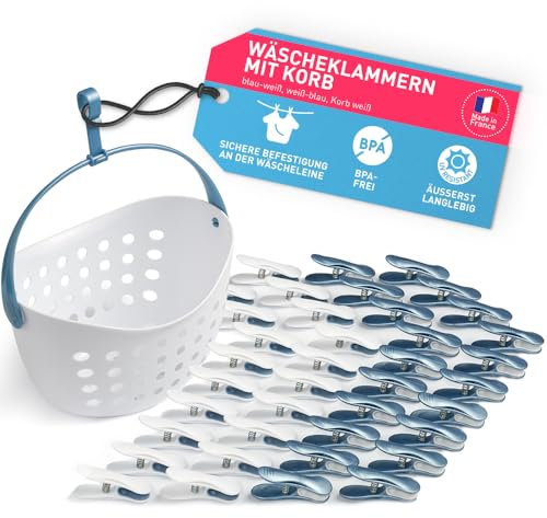culiclean Pince a Linge Soft Clips – Panier Epingle a Linge – Fabriqué en France – Blanc-Bleu avec Panier Blanc – Lot de 40 Pinces + 1 Panier