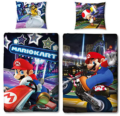 Kinder Wende-Bettwäsche Super Mario Kart 135 x 200cm + 80 x 80cm 100% Baumwolle Linon Renforcé Nintendo Luigi Prinzessin Peach Bowser Yoshi Toad Bettzeug deutsche Größe 2 Motive Reißverschluss