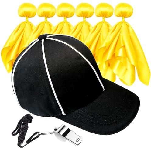 Six Senses Media Referee Hat and Whistle Set with 6 Penalty Flag Football Flags - Complete Football Referee Accessories Kit, Fan Set for Party Game and Costume