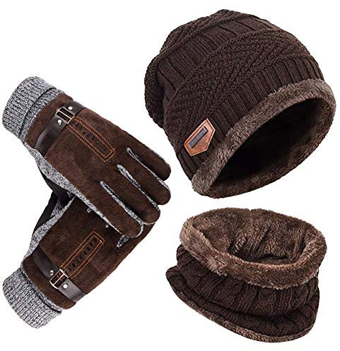 YULOONG Beanie Hut Schal Handschuhe Set Winter Strickmütze Halswärmer Touchscreen Fahrhandschuhe Unisex