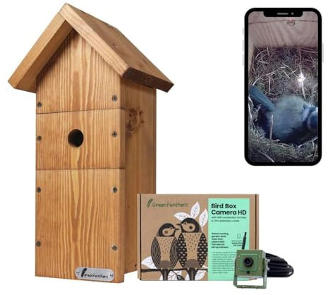 Green Feathers WiFi Birdbox Camera & Bird Box, 1080p HD Smart Camera with Recording and Night Vision, Garden Wildlife Camera for Bird Watching, Wildlife Viewing on Phone - Starter Pack