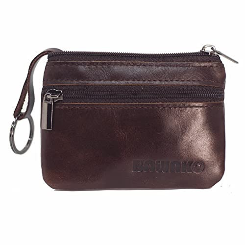 BAWAKO Porte-monnaie en cuir véritable, petite pièce de monnaie pour homme et femme, avec deux compartiments, fermeture éclair, porte-clés, mini porte-monnaie, S, marron, s