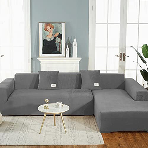 OKJK Samt Sofaüberwurf Stretch All-Inclusive Couchbezug Eckcouch, Wohnzimmer Vier Jahreszeiten universeller l Form Sofabezug, Pflegeleichter Sofaschutz (Dark Gray,Part B-B 235-300cm)