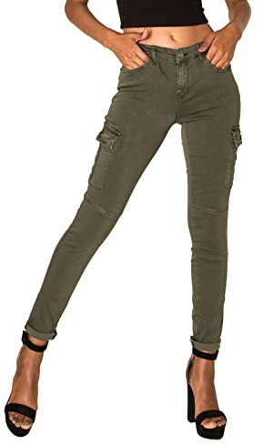 Nina Carter S353 Damen Cargohosen Skinny Fit Jeanshosen Cargo Jeans Stretchjeans Cargojeans Used Look (Dunkel Khaki (S378), L)