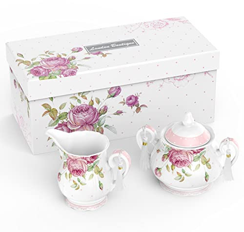 London Boutique Tetera grande de leche, azucarero, juego de té de la tarde, juego de teteras, nuevo hueso, porcelana, caja de regalo, 1300 ml (jarra de leche, azucarero)