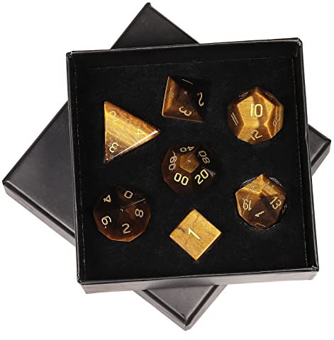 mookaitedecor 7 Stück Tigerauge Edelstein Polyedrische Würfel Set, Polierte Heilstein DND Würfel für Dungeons und Dragons RPG MTG Tischspiele Rollenspiel Heim Dekoration