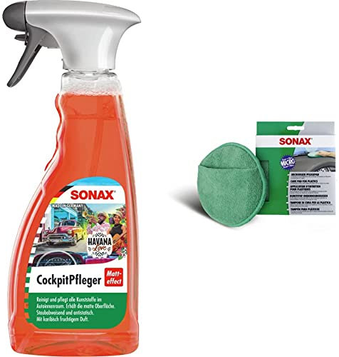 SONAX CockpitPfleger Matteffect Havana Love (500 ml) 03682410 & MicrofaserPflegePad (1 Stück) für gleichmäßiges Auftragen von Kunststoffpflegemitteln im Innenraum und ein gründliches Ergebnis 04172000