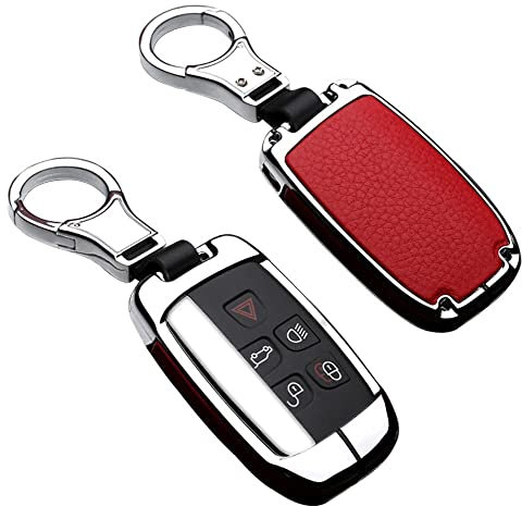 ontto Car Key Cover Zinc Alloy Leather Key Fob Cover Holder Protector fit for Land Rover Defender Discovery Evoque LR4 fit for Range Rover Sport fit for Jaguar Remote Car Key Case Keyring Silver red A