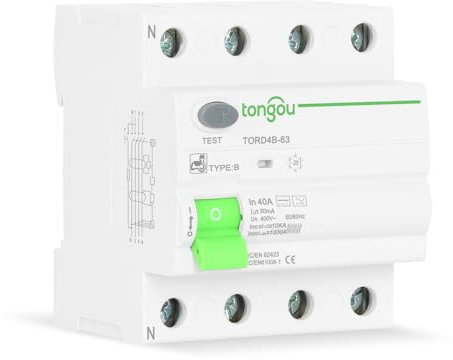 solar+more Disjoncteur différentiel type B AC/DC / 40 A - 30 mA / 4 pôles / 10KA / 400V / Chargeur voiture électrique/disjoncteur différentiel TONGOU