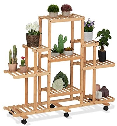 Relaxdays Pflanzenregal Bambus, 9 Ablagen, Blumenständer mit Rollen, HxBxT 103 x 120 x 35,5 cm, Blumenregal innen, natur