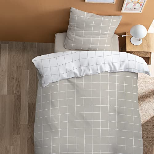 MATT & ROSE Greige Checks Parure de Lit 1 Place Imprimée Réversible | 100% Coton | Oeko-TEX | Housse de Couette 135x200cm + taie d'oreiller 80x80 cm | Beige