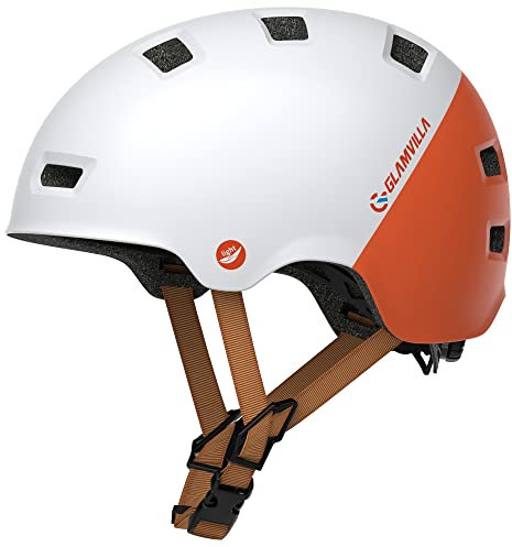 GLAMVILLA Casques de vélo Casque de Skateboard (Blanc et Orange, M)