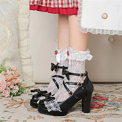 AOVIN Damen Plattform Mary Jane Pumps Mid Block Heel Lolita Cosplay Schuhe mit Bow Lace Kawaii Maid Schuhe (Color : Black, Size : 39 EU)