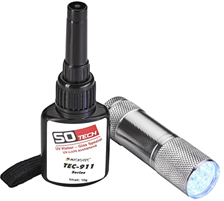SOTECH UV-Kleber für Glas 10g inkl. UV-Lampe | UV-lichthärtender und farbloser Klebstoff für die Verklebung der Barkonsole OLBIA mit der Glasmontageplatte