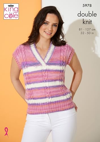 King Cole Ladies DK Knitting Pattern V Neck Cable Knit Sweater & Top (5978), 32 - 50