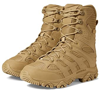 Merrell Men’s Moab 3 8” Zip Tactical Waterproof Boots, Durable & Comfortable Coated Leather Combat Hiking Shoes, Dark Coyote, 9.5
