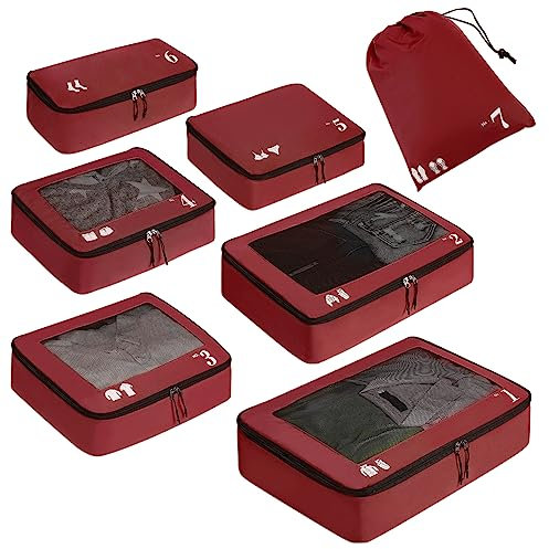 ECOHUB Koffer Organizer Packing Cubes 7-Teiliges Koffer Organizer Set Packwürfel Pet-Recycelte Packtaschen für Koffer Kofferorganizer für Rucksack schuhbeutel Kleidertaschen für Koffer(Rot)