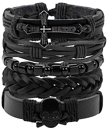 Manfnee 5Pcs Croix Tête de mort Perle Bracelet tressé à cordon Cuir PU Manchette Homme Femme Noir