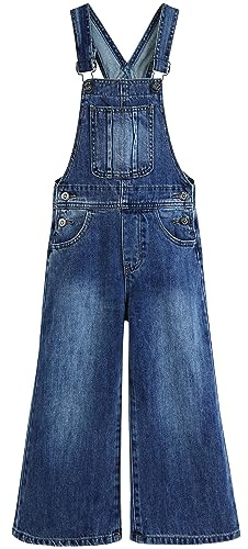KIDSCOOL SPACE Girls Denim Overalls,Little Big Kids Wide Leg Elastic Inside Jean Dungarees Flared Pants,Light Blue,12-13 Years