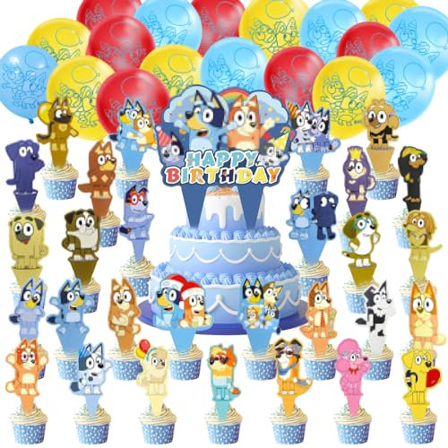 48 PCS bluey Tortendeko, Cupcake Toppers, bluey geburtstagsdeko, Kindergeburtstag Deko, 18 Luftballons und 30 Tortendekorationen(buluyiqiqiu)