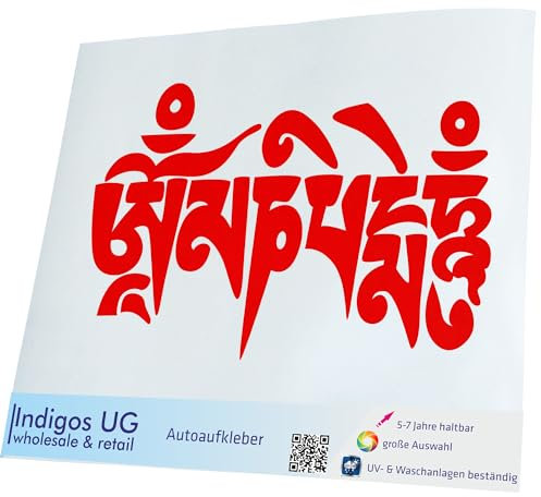 INDIGOS UG Auto Aufkleber Auto - 200x122 mm - Om Mani Padme Hum - rot - Selbstklebender Sticker für Auto, Fenster, Bus oder LKW
