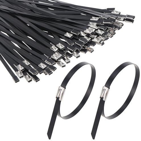 WiMas 200 bridas de acero inoxidable para atar corbatas de metal con bloqueo automático para tubo de escape, garaje, taller, casa, exterior (negro, 200 mm)