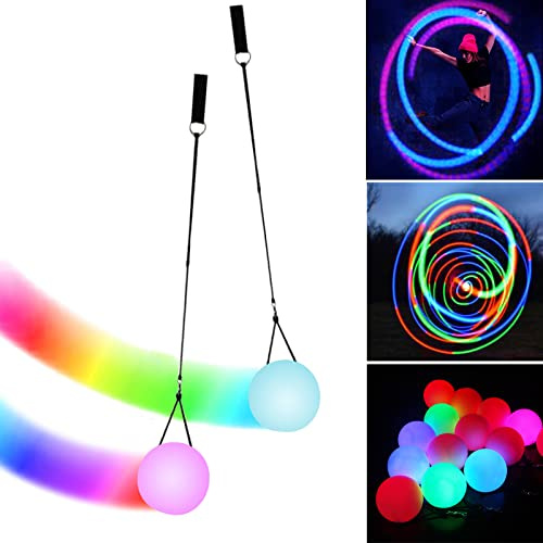 2 Stück LED Poi Bälle, Poi Ball Set LED Glow Poi Kugeln mit Regenbogen Farben und Strobe-Effekt Verbesserte für Anfänger & Profis POI Jonglierbälle, mit verstellbaren Doppelschlaufen-Leinen