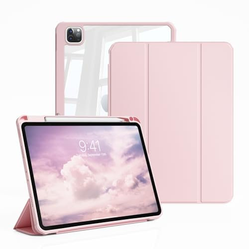 ZKTUYU Hülle für iPad Pro 11 4./ 3./ 2./1. Generation 2022/2021/2020/2018 mit Stifthalter, Durchsichtig Acryl Stoßfeste Schutzhülle, Kann Pencil 2 Aufladen, Auto Schlafen/Wachen, Rosa