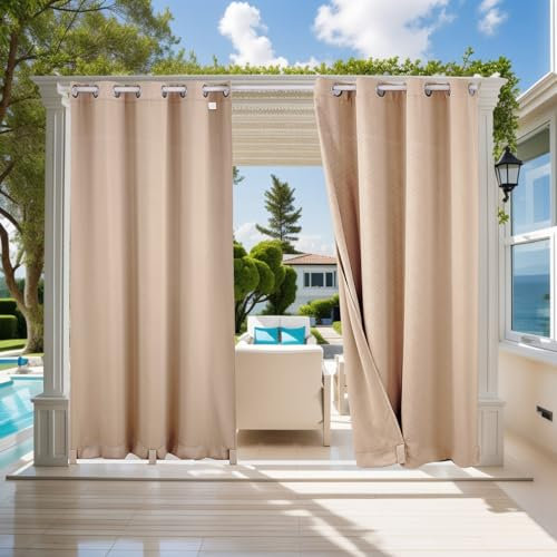 ele ELEOPTION Rideau Extérieur Imperméables Protéger Contre UV Isolants Thermiques, avec Perforations, Adaptés aux Jardins, Terrasses, Pergola, Balcons, Texturé 3D Beige, 2 Pièces / 132 X 240cm