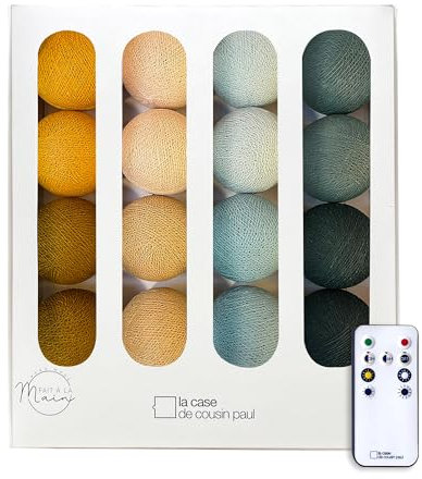 La Case de Cousin Paul Guirlande Lumineuse Chambre Enfant Boules Tissées LED, Télécommande, Programmable, USB, Fabriquée à la Main, Artisanale - 16 Boules (Le voyageur)