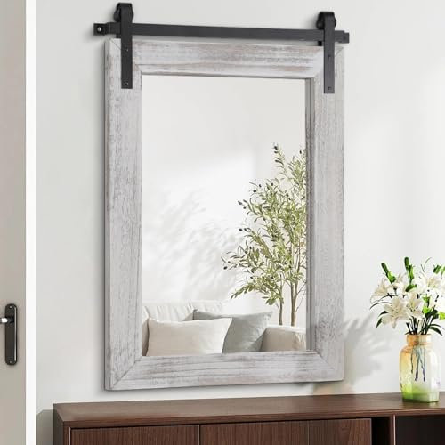 AAZZKANG Large Wall Mirror Barn Door Style Decor Rustic Wood Mirrors 75x55cm Rectangle for Farmhouse Bedroom Bathroom Entryway Hallway