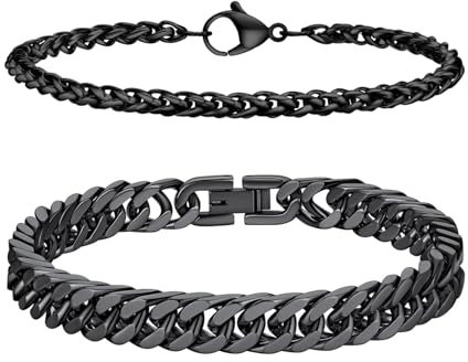 LOCCY Armband Herren, 2 Stück Silber Edelstahl Herrenarmbänder Panzerkette Armband Königskette Armband Figaro Armband Glieder Link Armkette für Männer Jungs (Set 5 Schwarz-4/6mm, Zentimeter, 19)