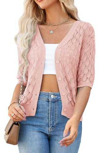GRACE KARIN Cardigan Vintage à Manches Courtes pour Femmes Cardigan Creux CL2656 Rose Clair L