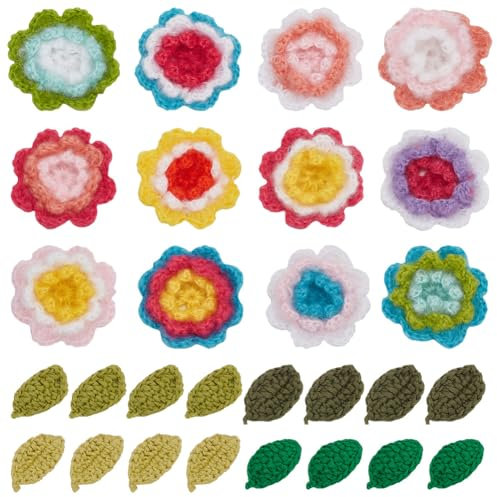 FREEBLOSS 12 Stück Häkel Blumen, 24 Stück Häkel Blätter, Handgefertigte Gehäkelte Blumenverzierungen Zum Aufnähen, Gestrickte Applikation