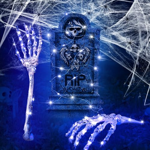 Realistisches Halloween Deko Outdoor-Skelett - Gruseligen Halloween Deko Garten mit Leuchtender Grabstein, Spinnennetz & LED-Skeletthand, für Spooky Outdoor Deko, für Ein Schauriges Halloween Erlebnis