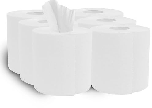 H-Line White Rolls Centrefeed 2 Ply Kitchen Towels Embossed Pattern Strong & Absorbent Paper Towel Tissue Roll Standard Household 300 Sheets Per Roll for Home Kitchen Office Warehouse(Pack of 6)