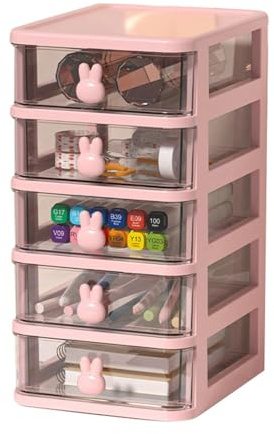 Kleine Schreibtisch-Aufbewahrungsbox, Mehrstöckig, Transparente Schubladen, Organizer, Große Aufbewahrungsschubladen mit Häschengriff für Bürobedarf (Rosa, 5 Etagen (13,4 x 17 x