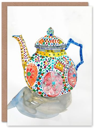 Artery8 Greeting Card Teapot Colourful Patterns Watercolour Folk Art For Her Woman Birthday Card