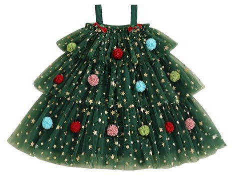 MAHUAOYIXI Baby Mädchen Weihnachtskleid Weihnachten Stern Druck Weihnactsbaum Kleid Ärmelloses Quadratischer Ausschnitt Geschichtetes Tüll Kleid Mit Plüsch Ball Weihnachtsmütze (Grün, 3-4 Years)