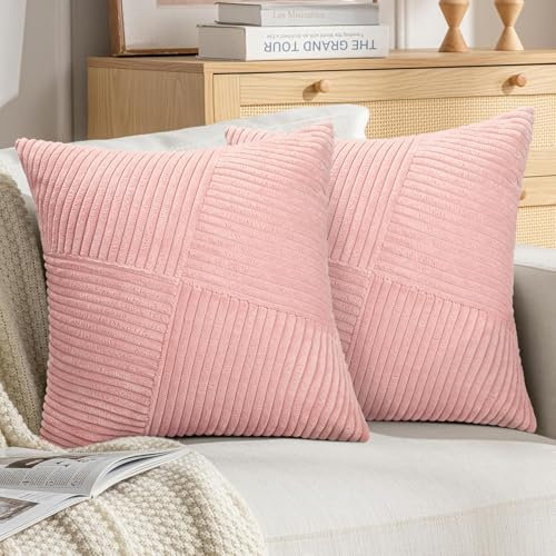 DecorMommt Taie Oreiller 40x40 Rose Velours Côtelé Rayé Housse Coussin Deco Interieur Maison Housses de Coussin Lot de 2 Moderne Housse de Coussin pour Salon Chambre Coussin de Canapé Décor