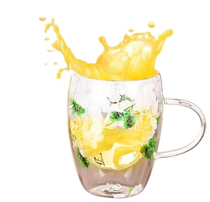 Huvqianu Double Wall Mug with Dried Flowers, Floral Double Wall Mug, Glass Mug with Dried Flowers, Insulated Double Wall Mug, Double Wall Flower Mug, Unique Dried Flower Mug, Floral Glass Mug
