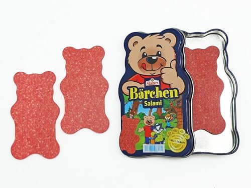Tanner - Der kleine Kaufmann DEKO – Reinert Bärchen Salami aus Holz in Bärchen-Metalldose (Abmessung 8 x 4,5 x 0,4 cm, Material Metall + FSC-zertifiziertes Holz) 0618.6