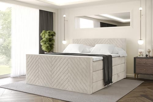 ALTDECOR Boxspringbett mit Matratze und Lattenrost, Topper, Fußteil,Polsterbett mit Bettkasten, Bett mit Stauraum H3- und H4- Matratze, Doppelbett -VEXA-Z KING-180x200 - Beige Casablanca