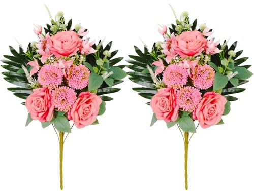 belupai 2 mazzi di fiori artificiali per cimitero, 54,9 cm, fiori commemorativi per cimitero primaverile, pasquale, cimitero, bouquet di rose artificiali in seta per tomba